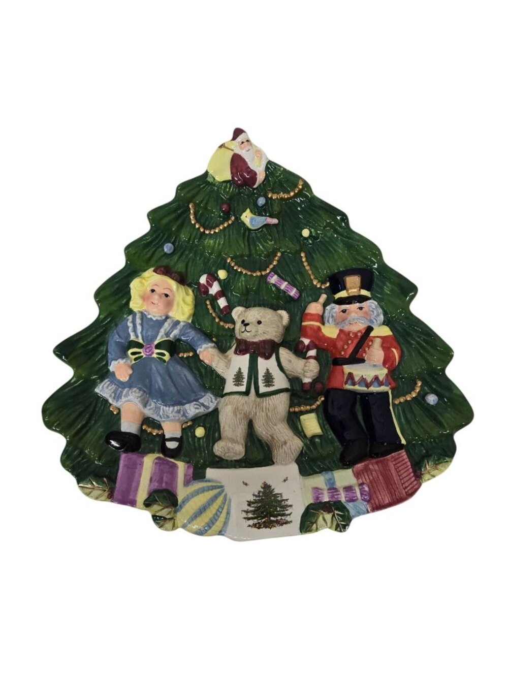 Spode Christmas Tree Shaped Ceramic Plate Teddy Bear Doll & Nutcracker Design
